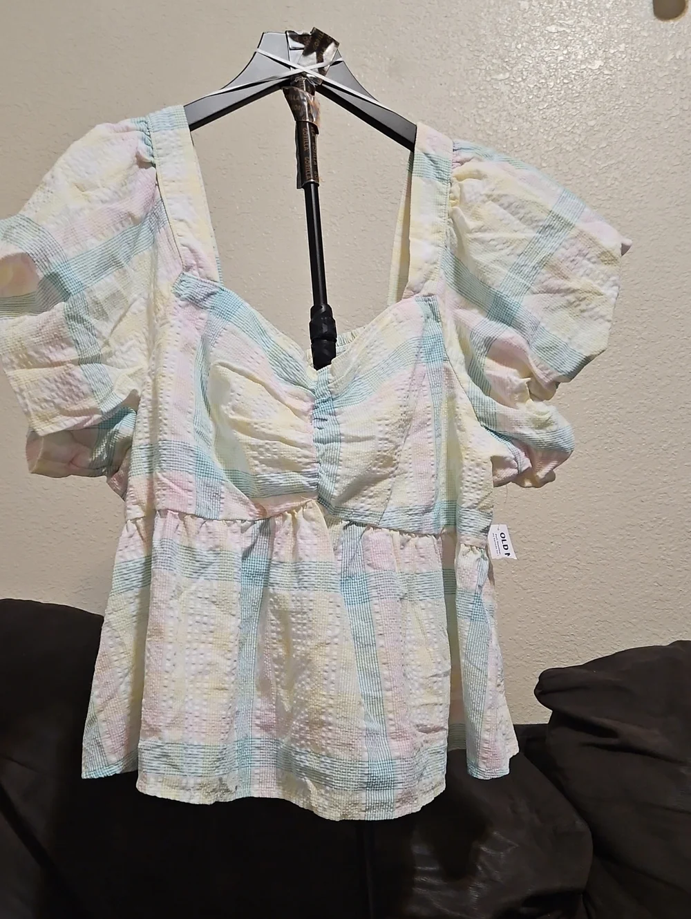 Old Navy Pastel Plaid Puff-Sleeve Peplum Top - Cream, Mint, Pink, Yellow